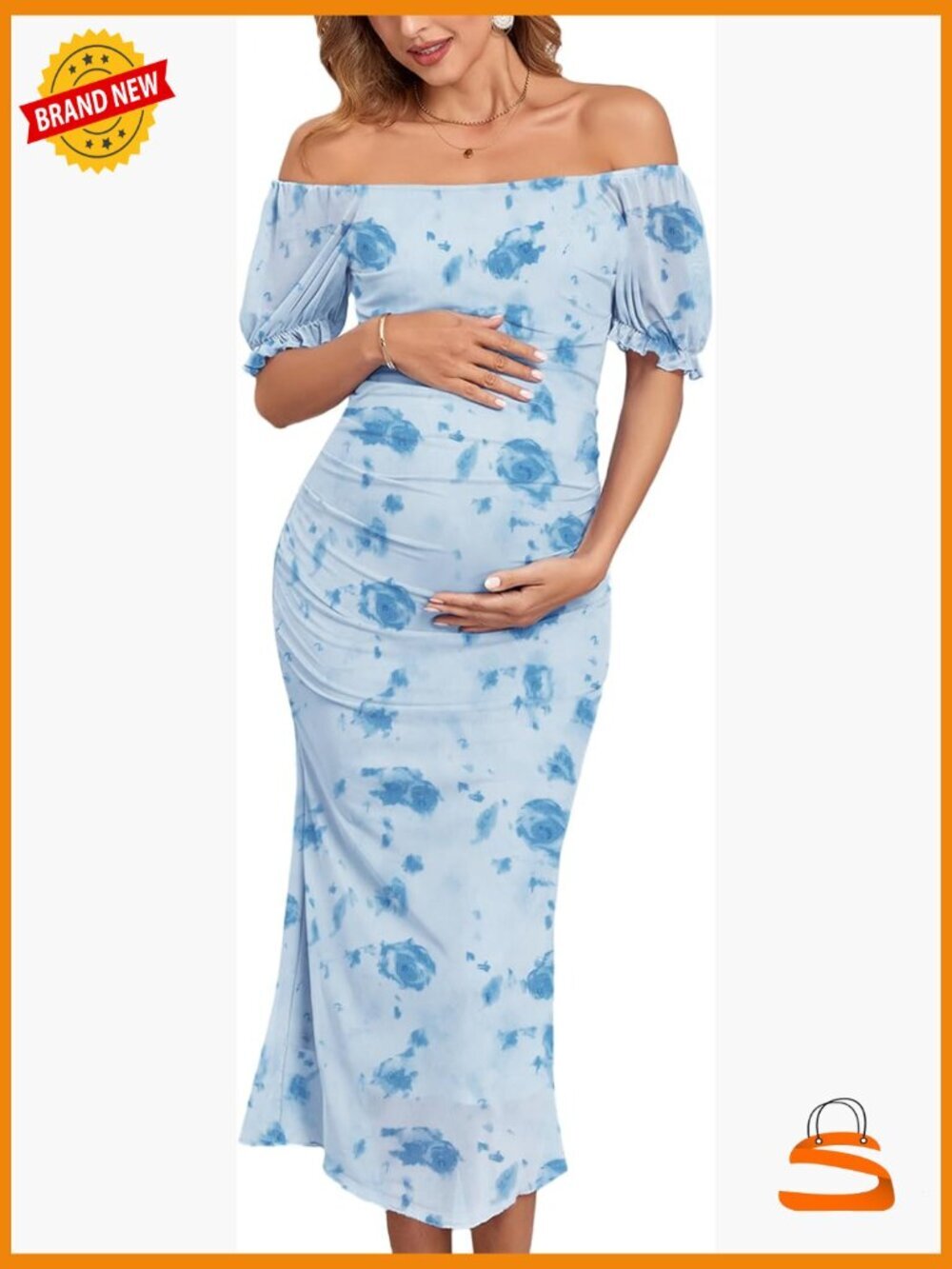 Mesh Maternity Cocktail Dress Square Neck Puff Sleeve Bodycon Fishtail